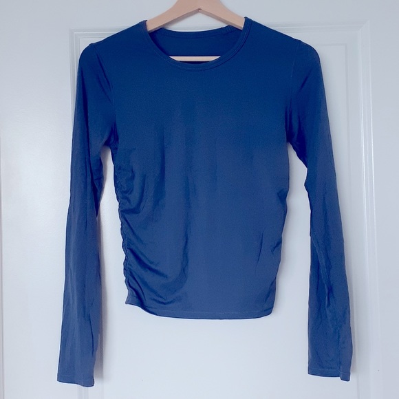 Halara Round Neck Sports Long Sleeve Top Shirred Sides Smoke Blue Small - Picture 3 of 6